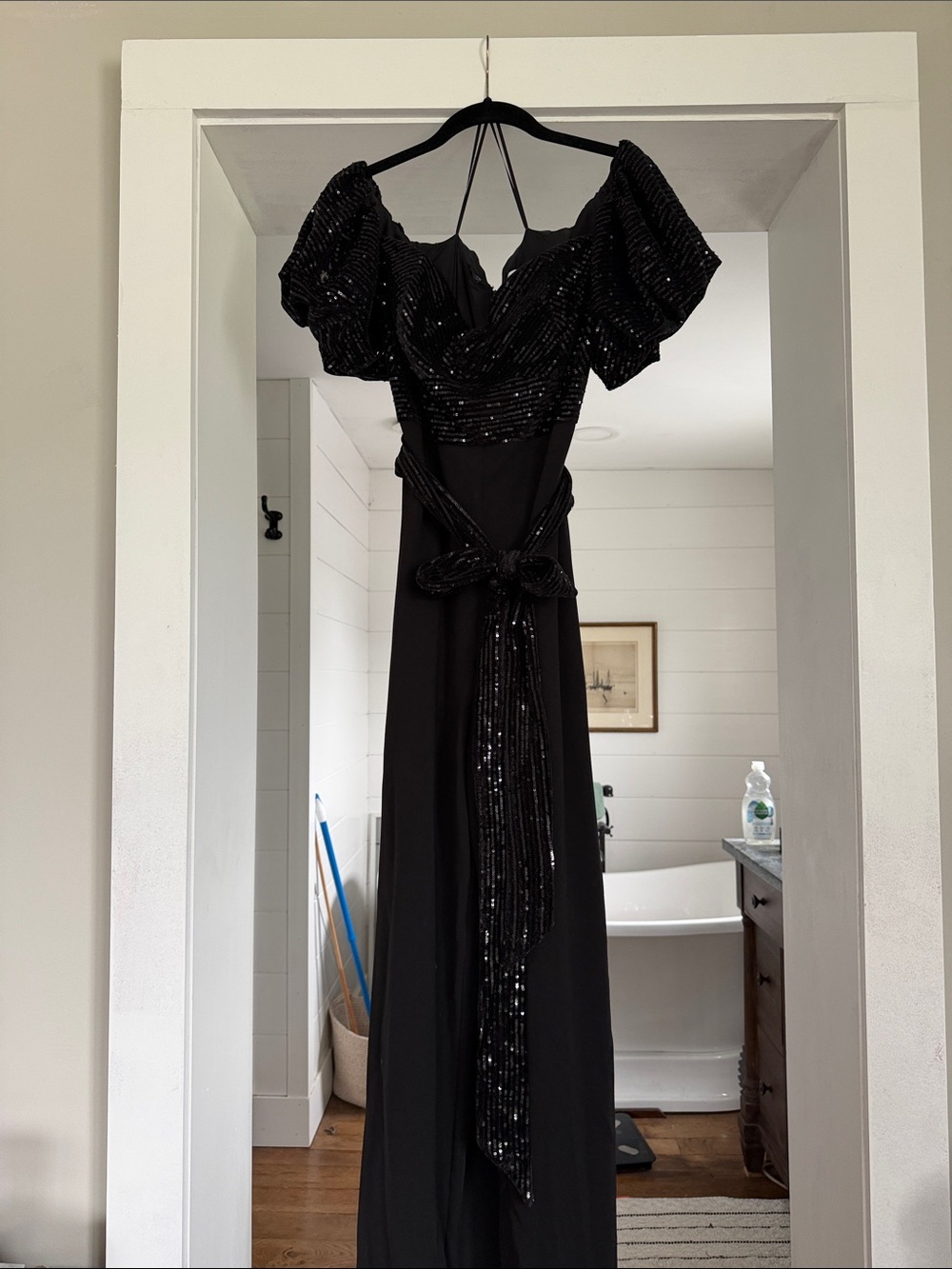 Badgley Mischka Black Sequin Wide-Leg Jumpsuit with Puff Sleeves